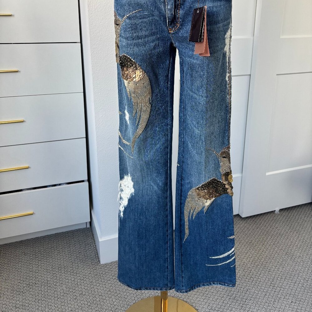 ROBERTO CAVALLI Vintage 2008 Embellished Hummingbird Jeans Made in Italy Size 25 - Picture 2 of 6